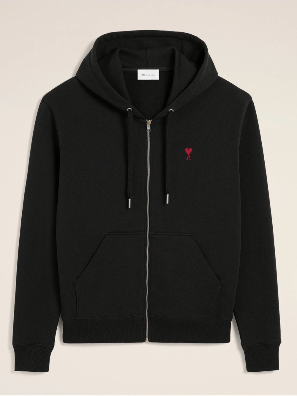 AMI BLACK ZIPPED COTTON HOODIE WITH AMI DE COEUR Size L